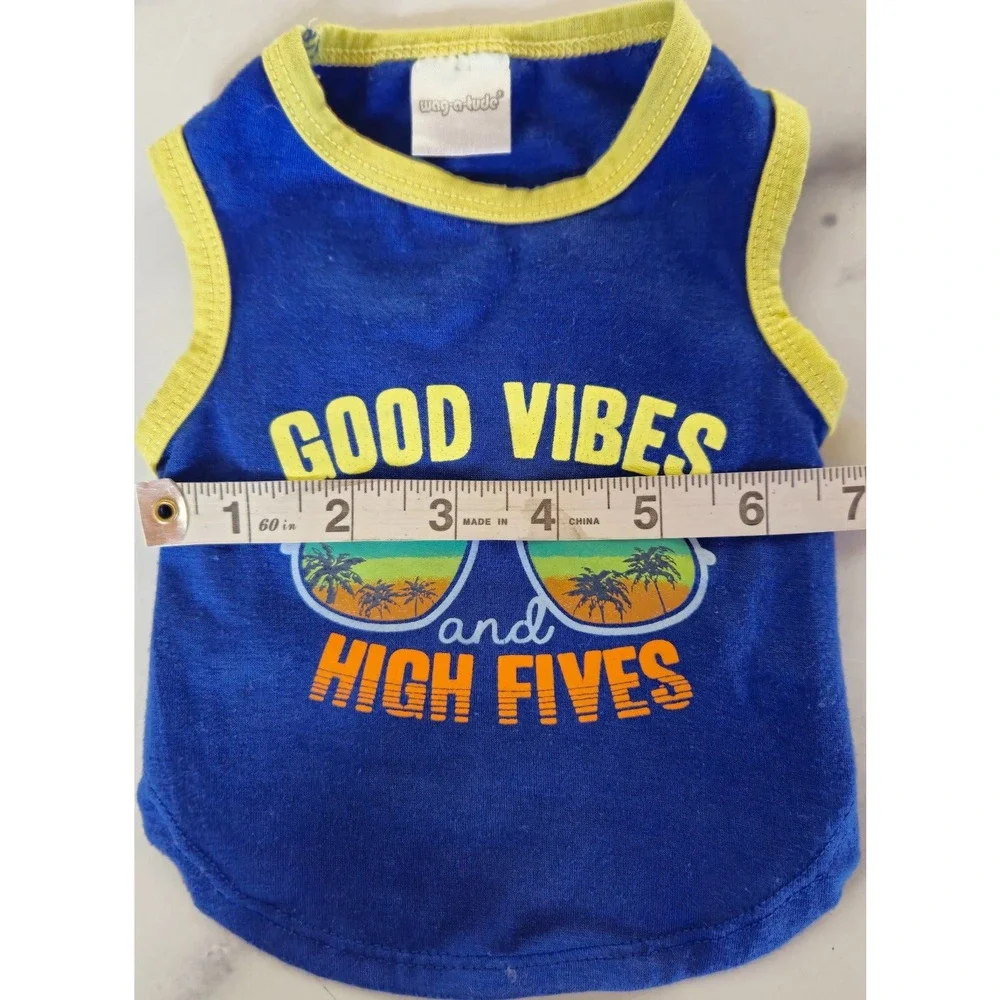 Puppy Dog Summer T Shirt XS Blue Yellow Good Vibes And‎ High Fives Beach Sun Tee